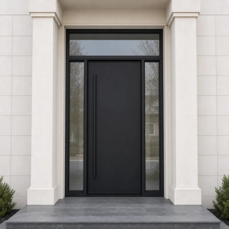 F124-V1 fiberglass entry door installed home entrance scene