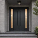 F128-V1 fiberglass entry door installed home entrance scene