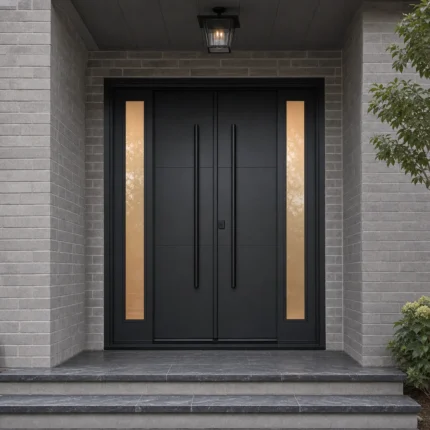 F128-V1 fiberglass entry door installed home entrance scene