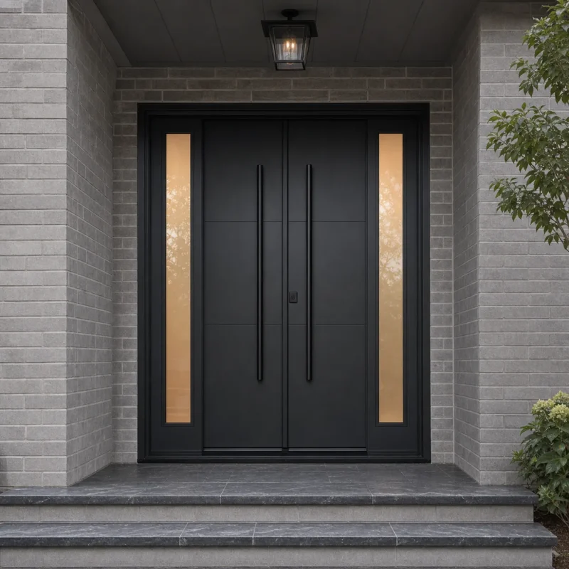 F128-V1 fiberglass entry door installed home entrance scene