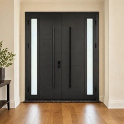 F128-V2 fiberglass entry door installed home entrance scene