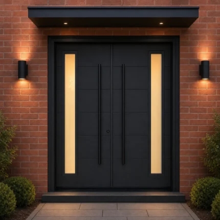 F130-V1 fiberglass entry door installed home entrance scene