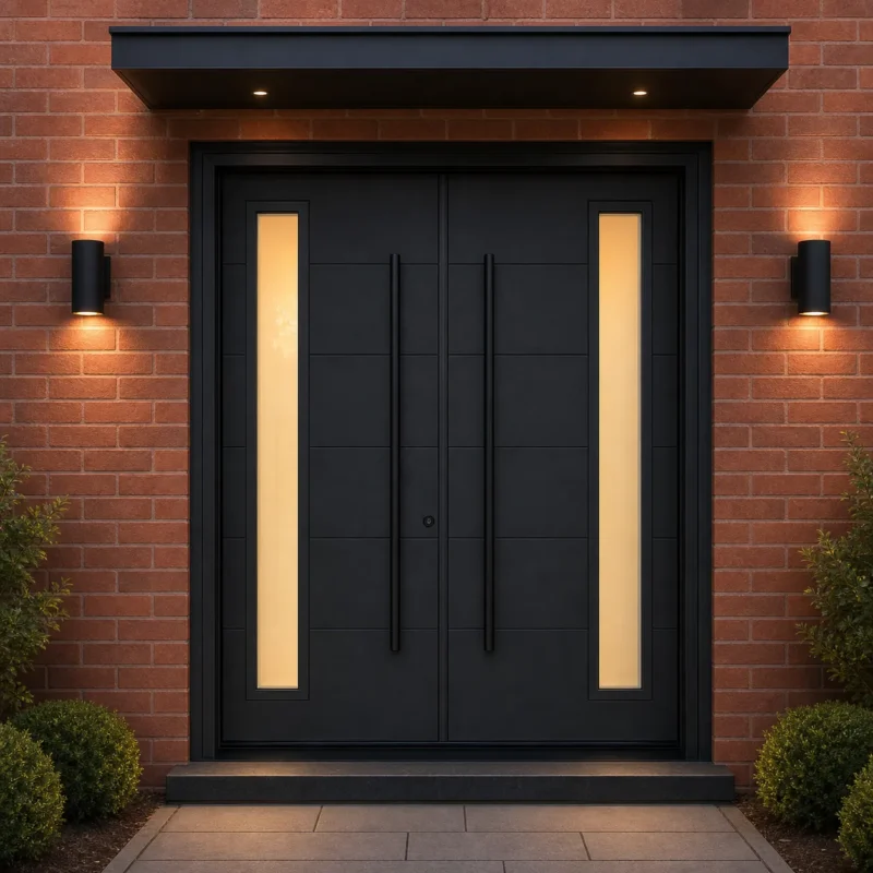 F130-V1 fiberglass entry door installed home entrance scene