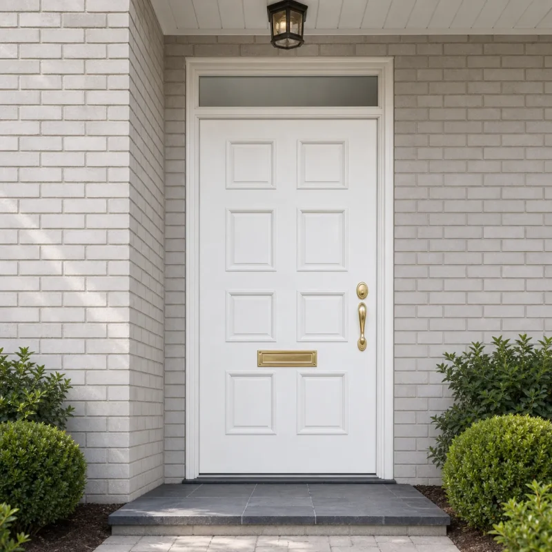 F131-V1 fiberglass entry door installed home entrance scene
