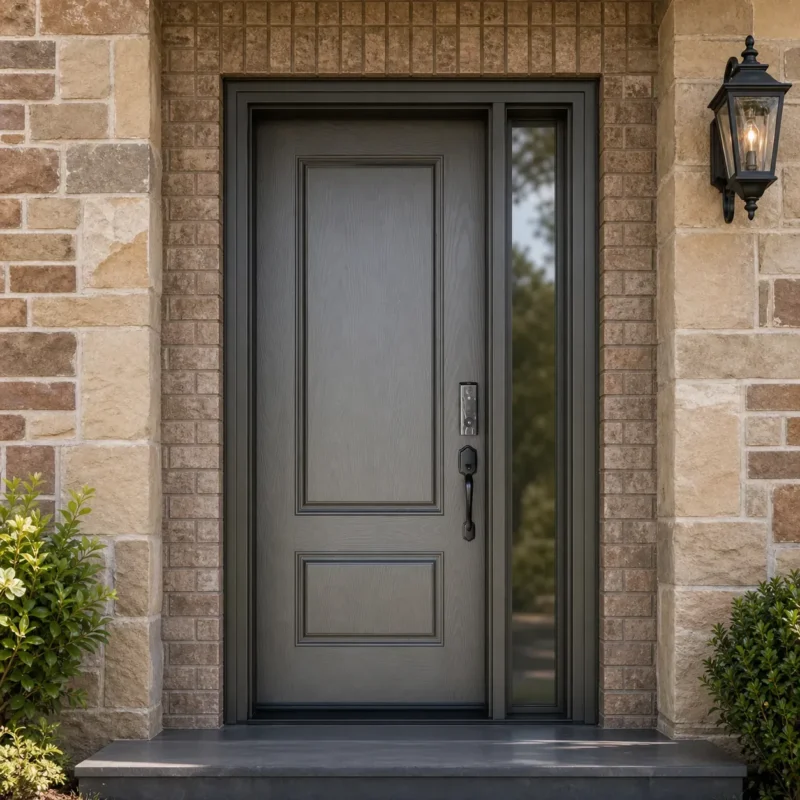 F132-V1 fiberglass entry door installed home entrance scene