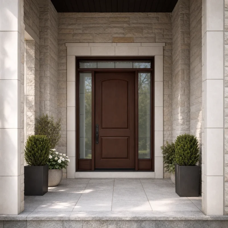 F15-MFD057 fiberglass entry door installed home entrance scene