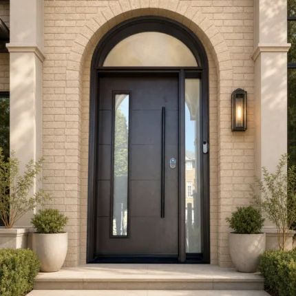 F158 fiberglass entry door installed home entrance scene