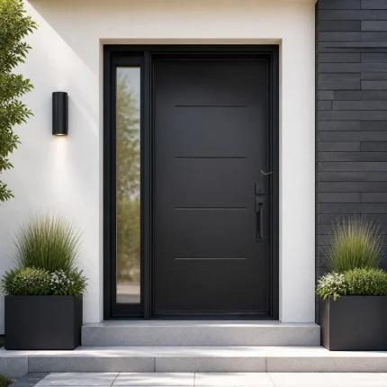 F159 fiberglass entry door installed home entrance scene