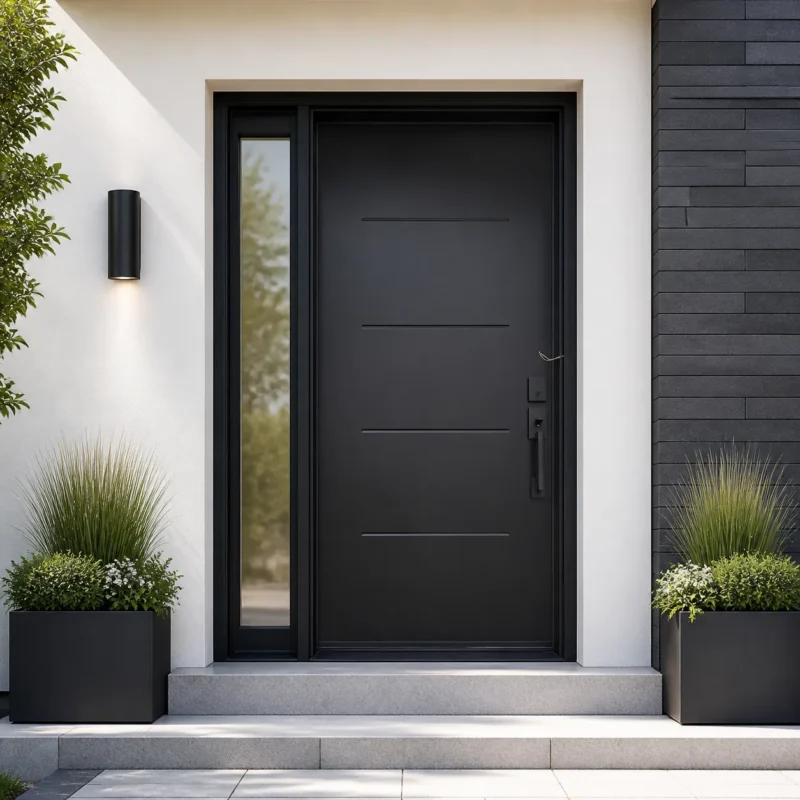 F159 fiberglass entry door installed home entrance scene