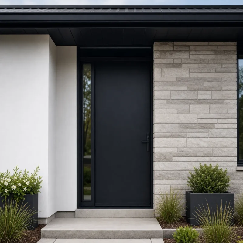 F16-MFD056 fiberglass entry door installed home entrance scene