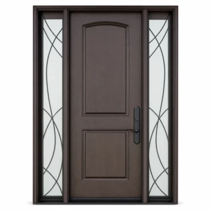F160 fiberglass entry door with decorative glass sidelites on a white background