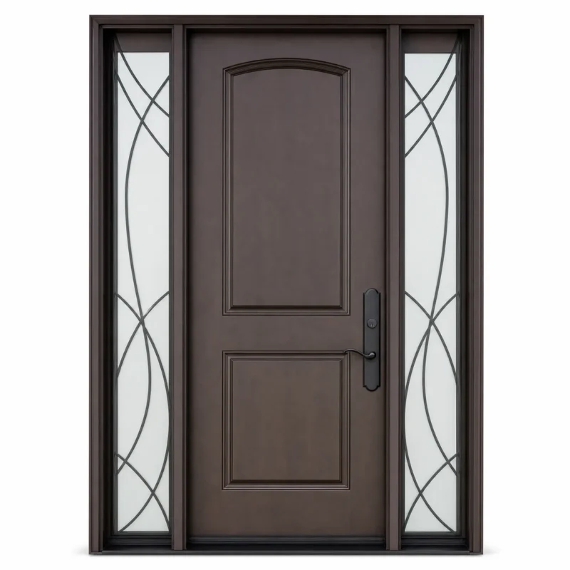 F160 fiberglass entry door with decorative glass sidelites on a white background