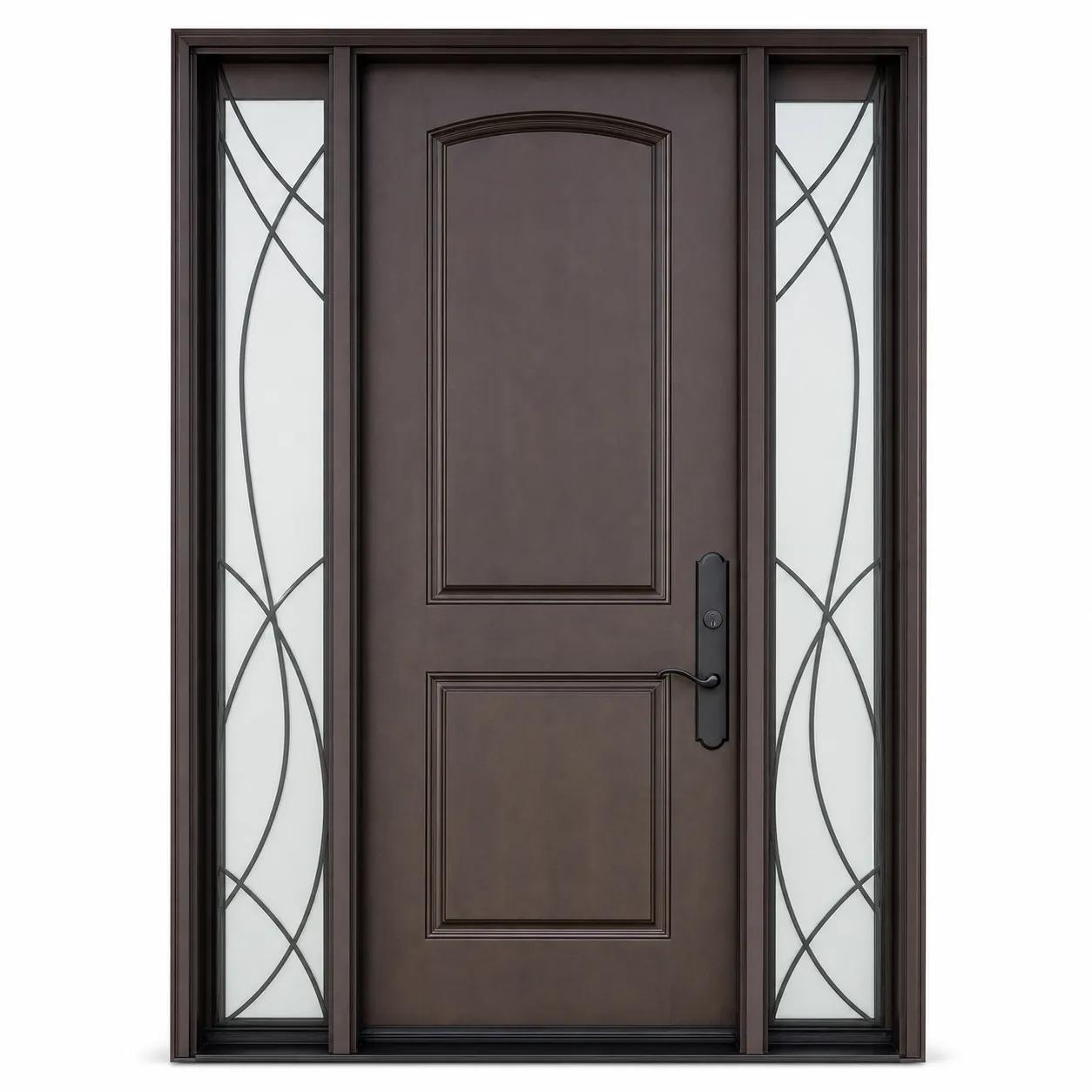 F160 fiberglass entry door on white background F160 fiberglass entry door with decorative glass sidelites on a white background