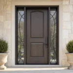 F160 fiberglass entry door with decorative glass sidelites installed at a finished home entrance