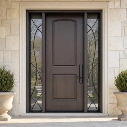 F160 fiberglass entry door with decorative glass sidelites installed at a finished home entrance