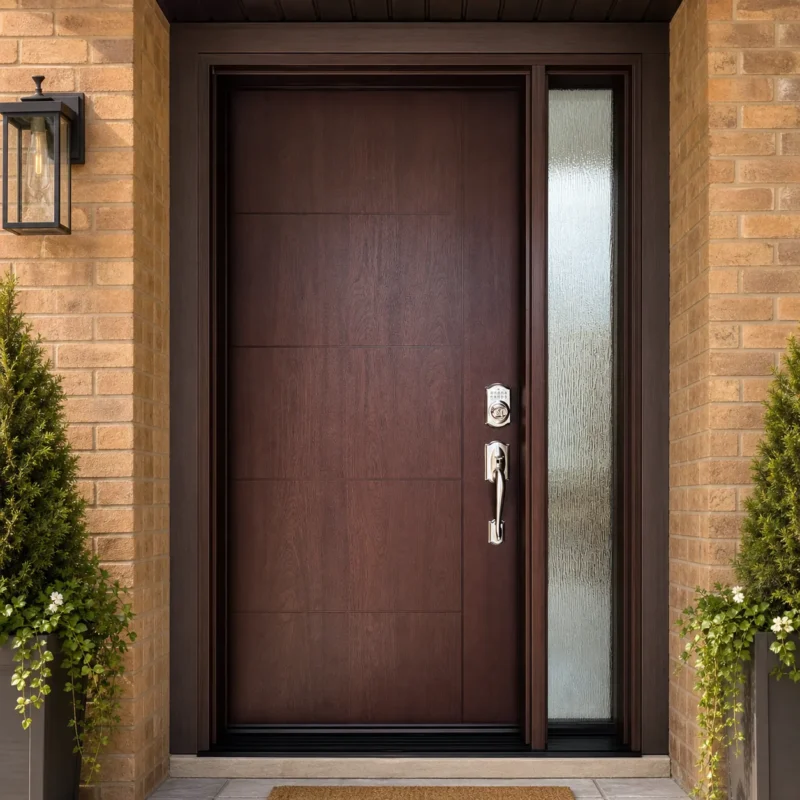 F19-MFD053 fiberglass entry door installed home entrance scene