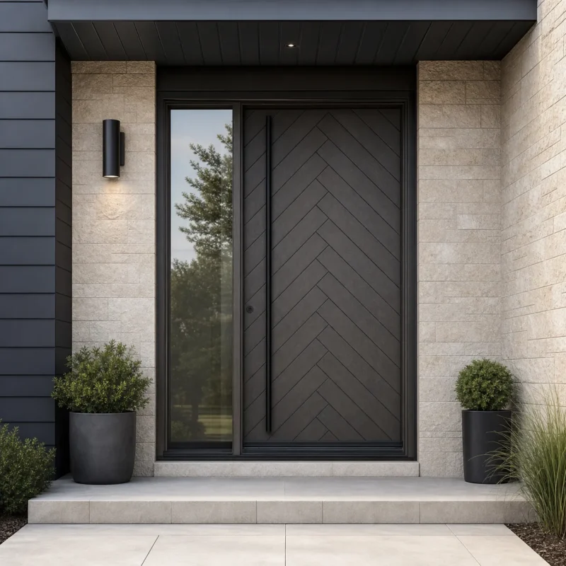 F34-V2 fiberglass entry door installed home entrance scene