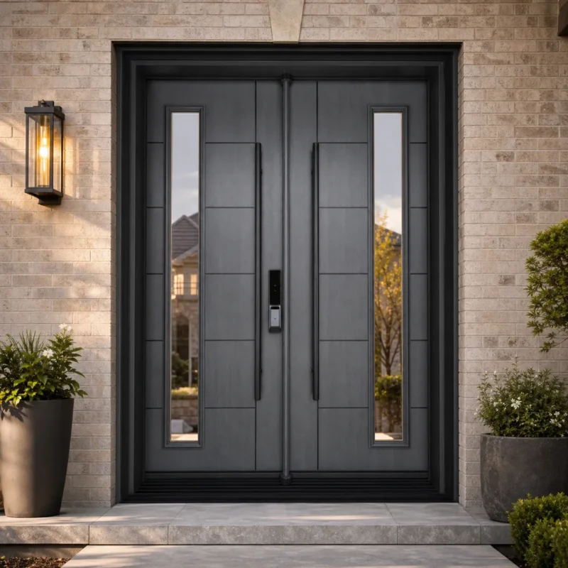 F35-V1 fiberglass entry door installed home entrance scene