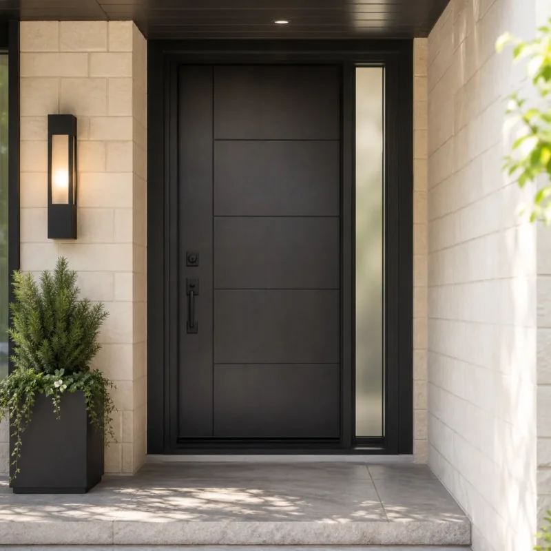 F42-V1 fiberglass entry door installed home entrance scene