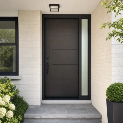F42-V2 fiberglass entry door installed home entrance scene
