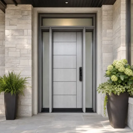 F45-V1 fiberglass entry door installed home entrance scene