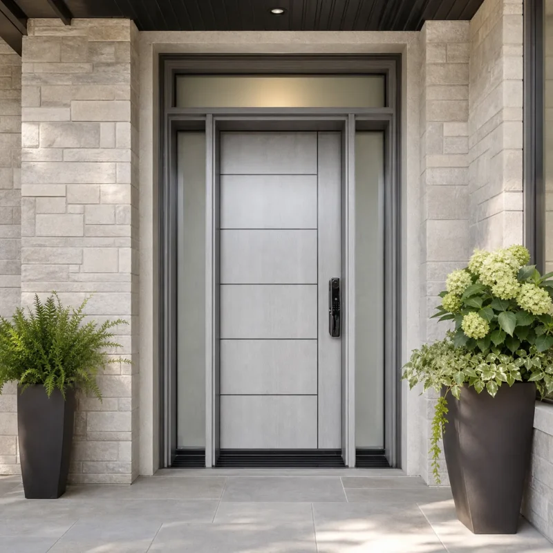 F45-V1 fiberglass entry door installed home entrance scene