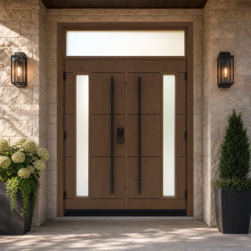 F47-V2 fiberglass entry door installed home entrance scene