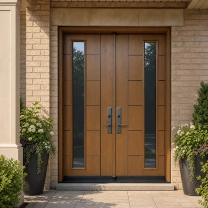 F48-V1 fiberglass entry door installed home entrance scene