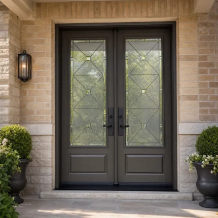 F49-V1 fiberglass entry door installed home entrance scene