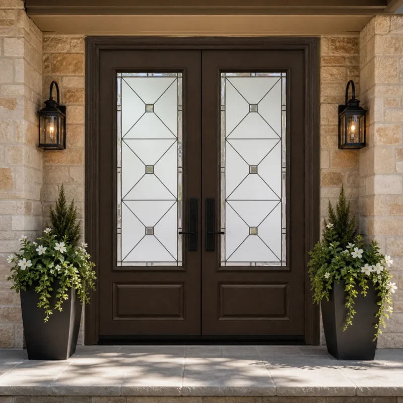 F49-V2 fiberglass entry door installed home entrance scene