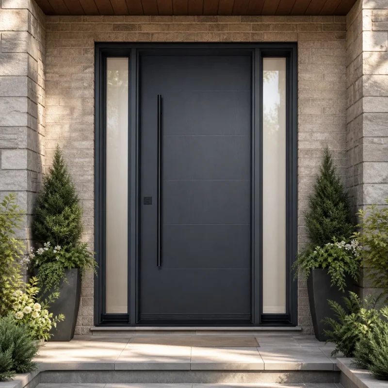 F50-V1 fiberglass entry door installed home entrance scene