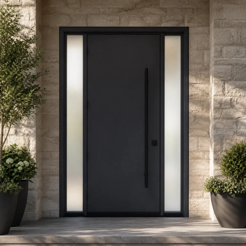F50-V2 fiberglass entry door installed home entrance scene
