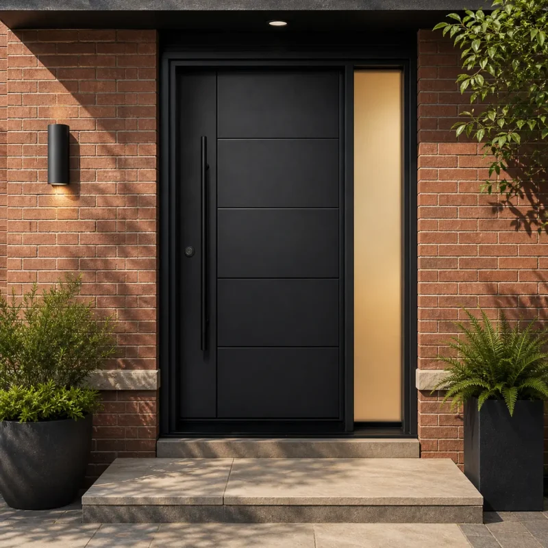 F52-V1 fiberglass entry door installed home entrance scene
