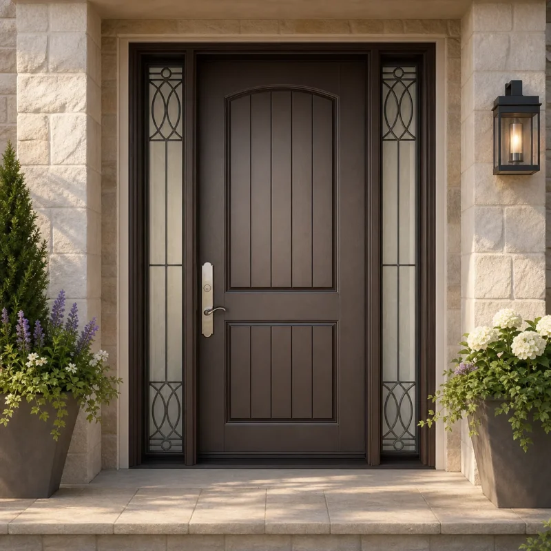 F53-MFD003 fiberglass entry door installed home entrance scene