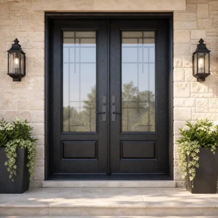 F54-MFD002 fiberglass entry door installed home entrance scene