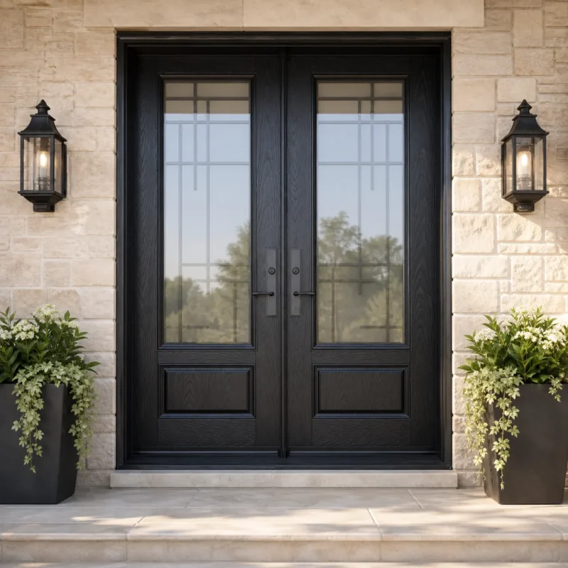 F54-MFD002 fiberglass entry door installed home entrance scene