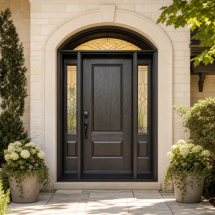 F55-MFD001 fiberglass entry door installed home entrance scene