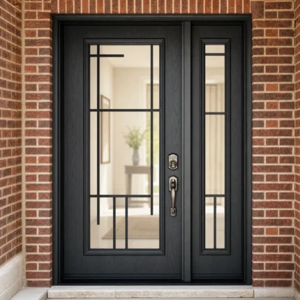 F63-V1 fiberglass entry door installed home entrance scene