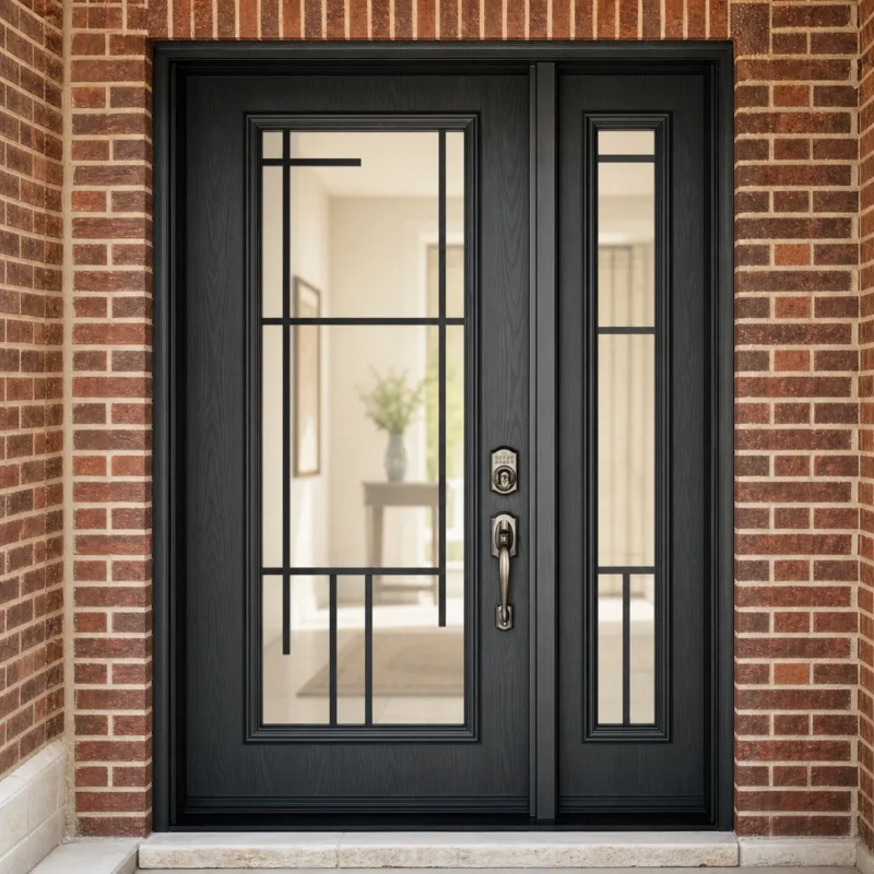 F63-V1 fiberglass entry door installed home entrance scene