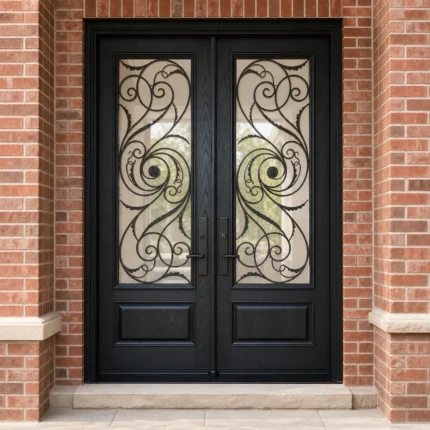 F64-V1 fiberglass entry door installed home entrance scene