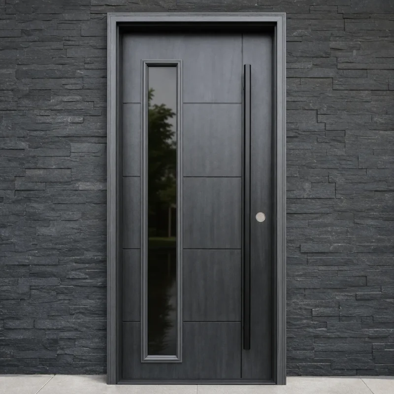 F65-V1 fiberglass entry door installed home entrance scene