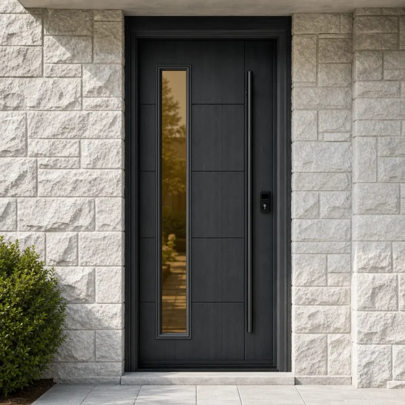 F65-V2 fiberglass entry door installed home entrance scene