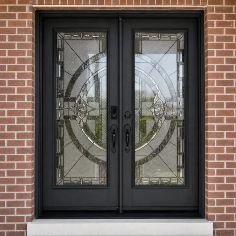 F67-V1 fiberglass entry door installed home entrance scene