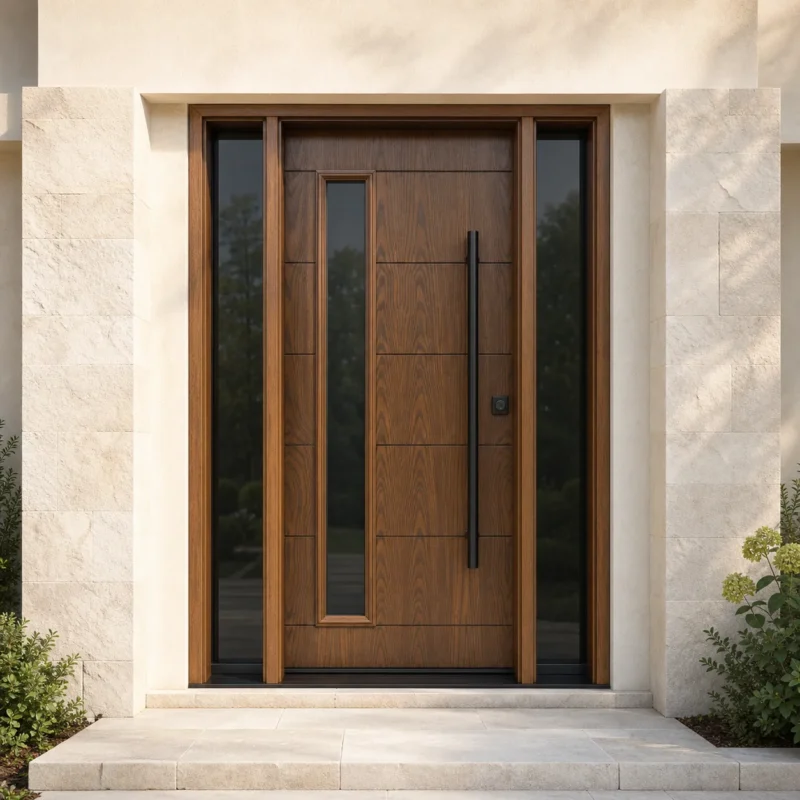 F7-MFD065 fiberglass entry door installed home entrance scene