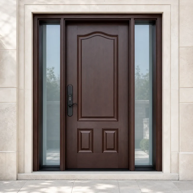 F73-V1 fiberglass entry door installed home entrance scene