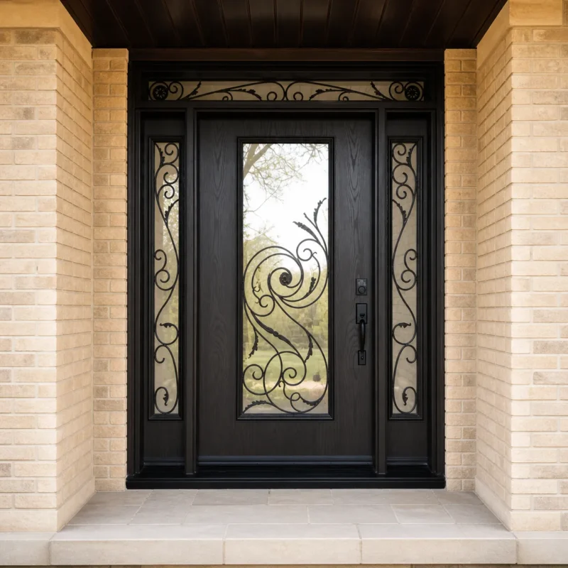 F75 fiberglass entry door installed home entrance scene