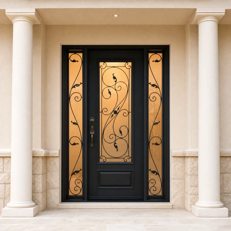 F78 fiberglass entry door installed home entrance scene