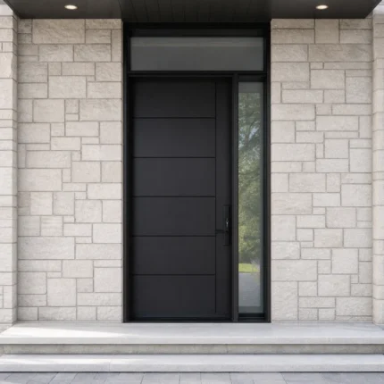 F8-MFD064 fiberglass entry door installed home entrance scene