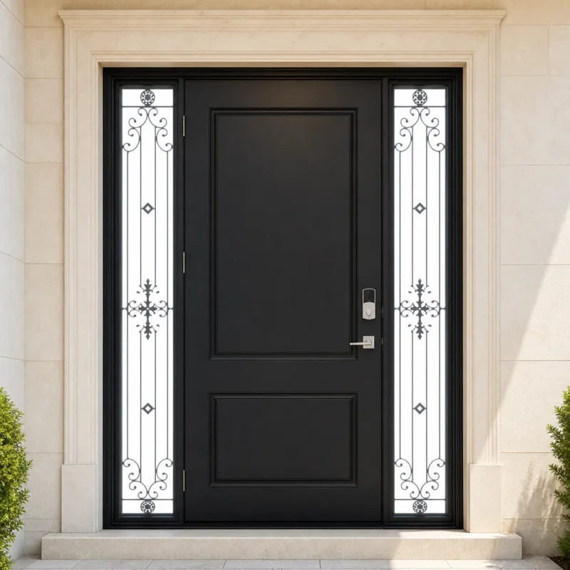 F83 fiberglass entry door installed home entrance scene