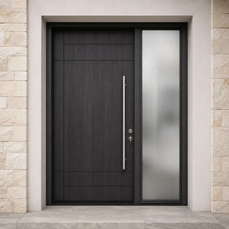 F9-MFD063 fiberglass entry door installed home entrance scene